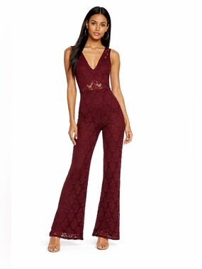 Nightcap Chic Maroon Wide Leg Lace Jumpsuit